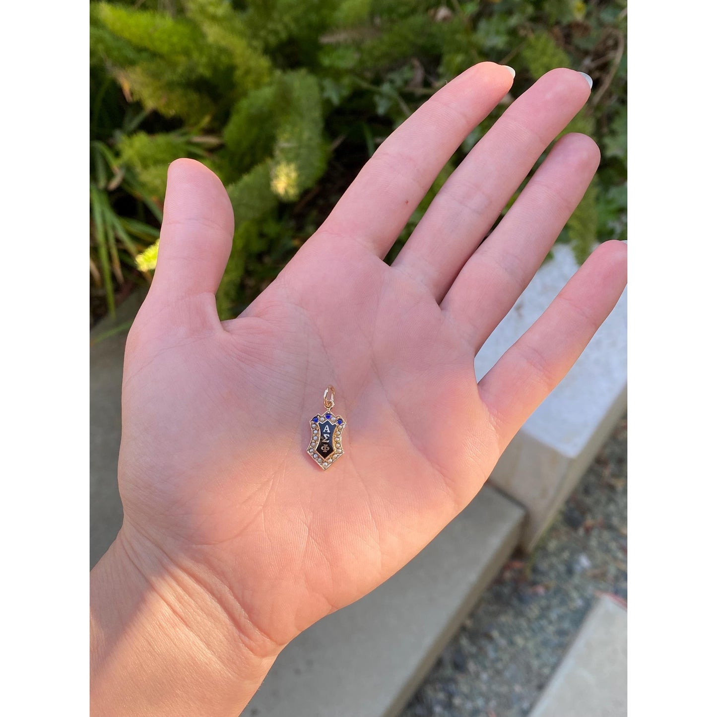 Vintage Solid 14k Yellow Gold Seed Pearl Black Enamel Fraternity Charm