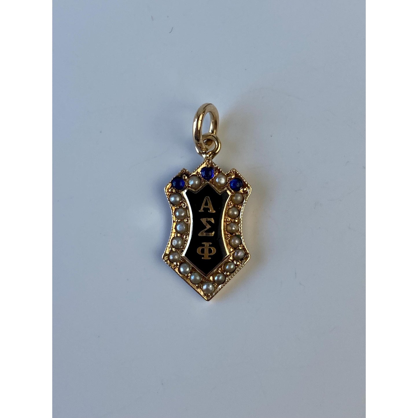 Vintage Solid 14k Yellow Gold Seed Pearl Black Enamel Fraternity Charm