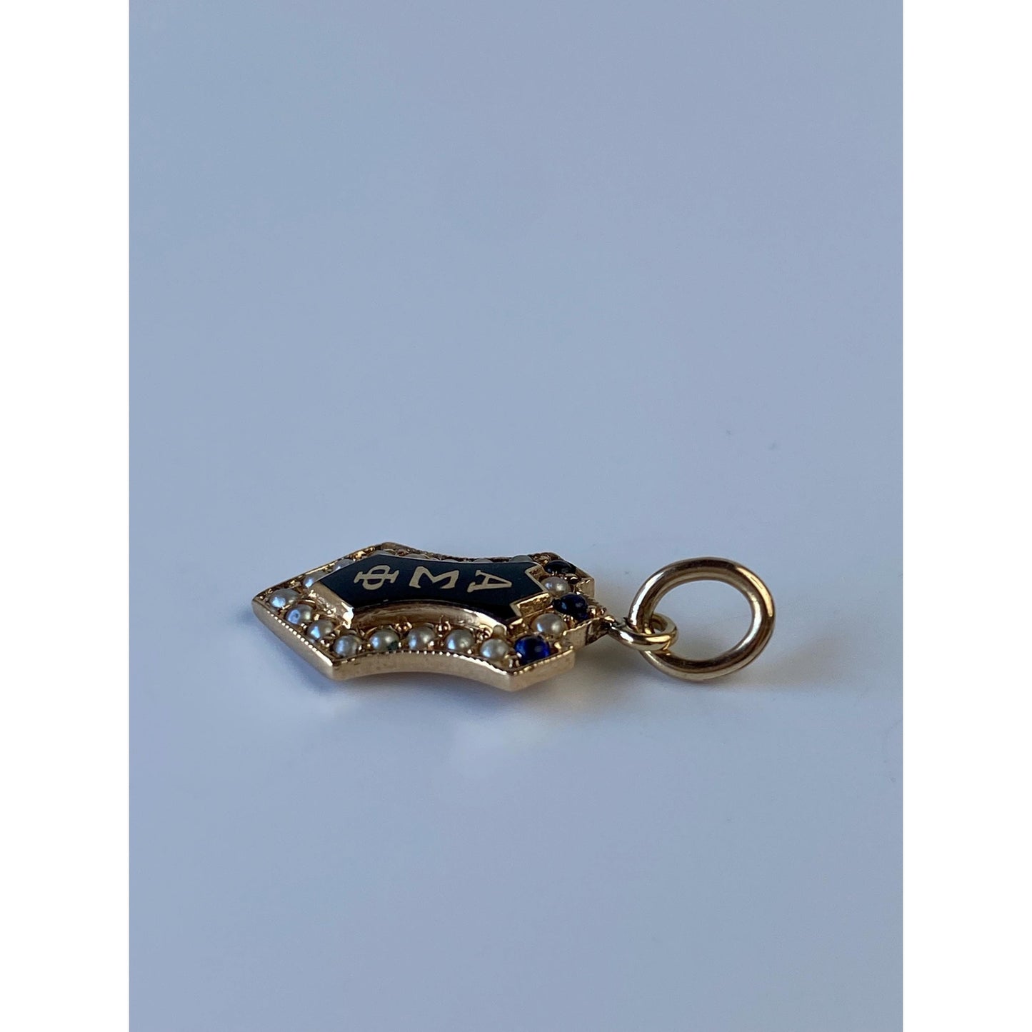 Vintage Solid 14k Yellow Gold Seed Pearl Black Enamel Fraternity Charm