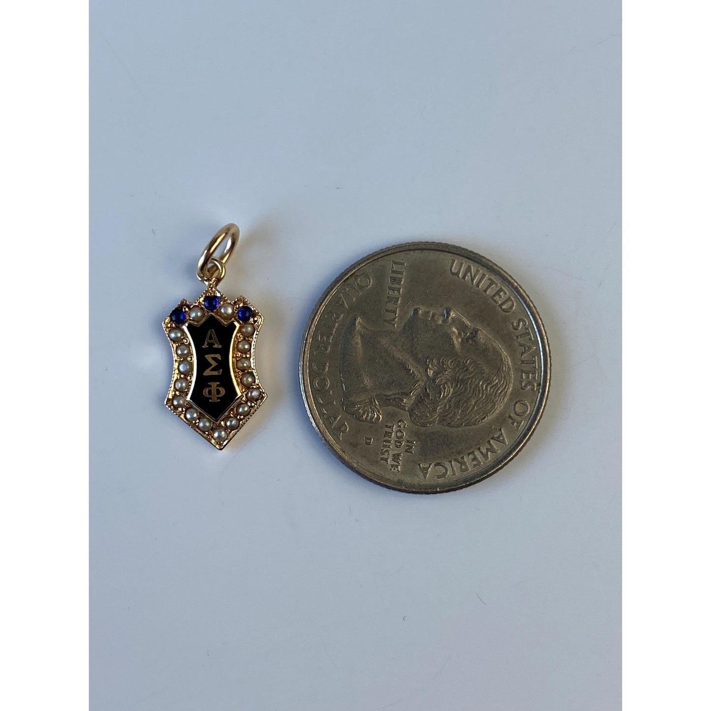 Vintage Solid 14k Yellow Gold Seed Pearl Black Enamel Fraternity Charm