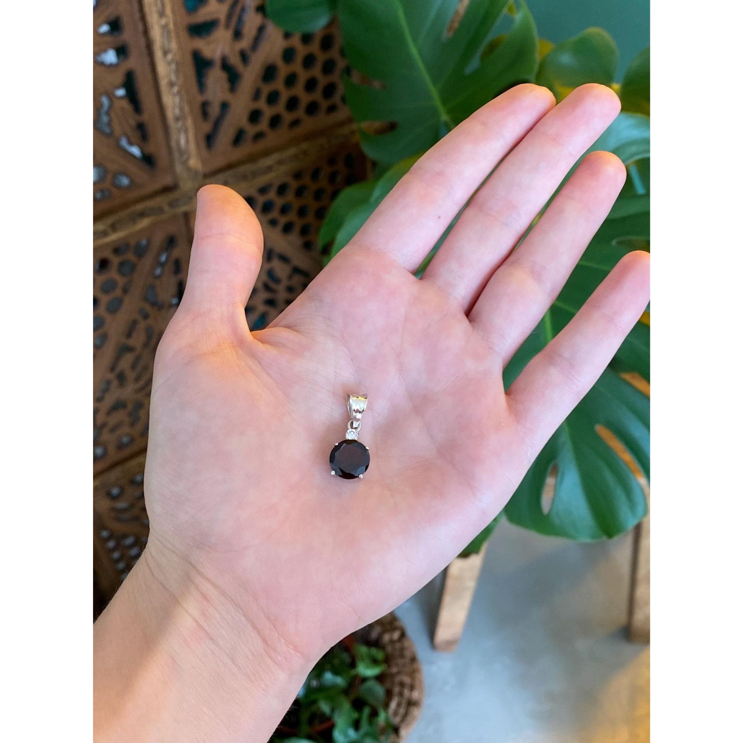 Solid 14k White Gold Garnet Cubic Zirconia Charm