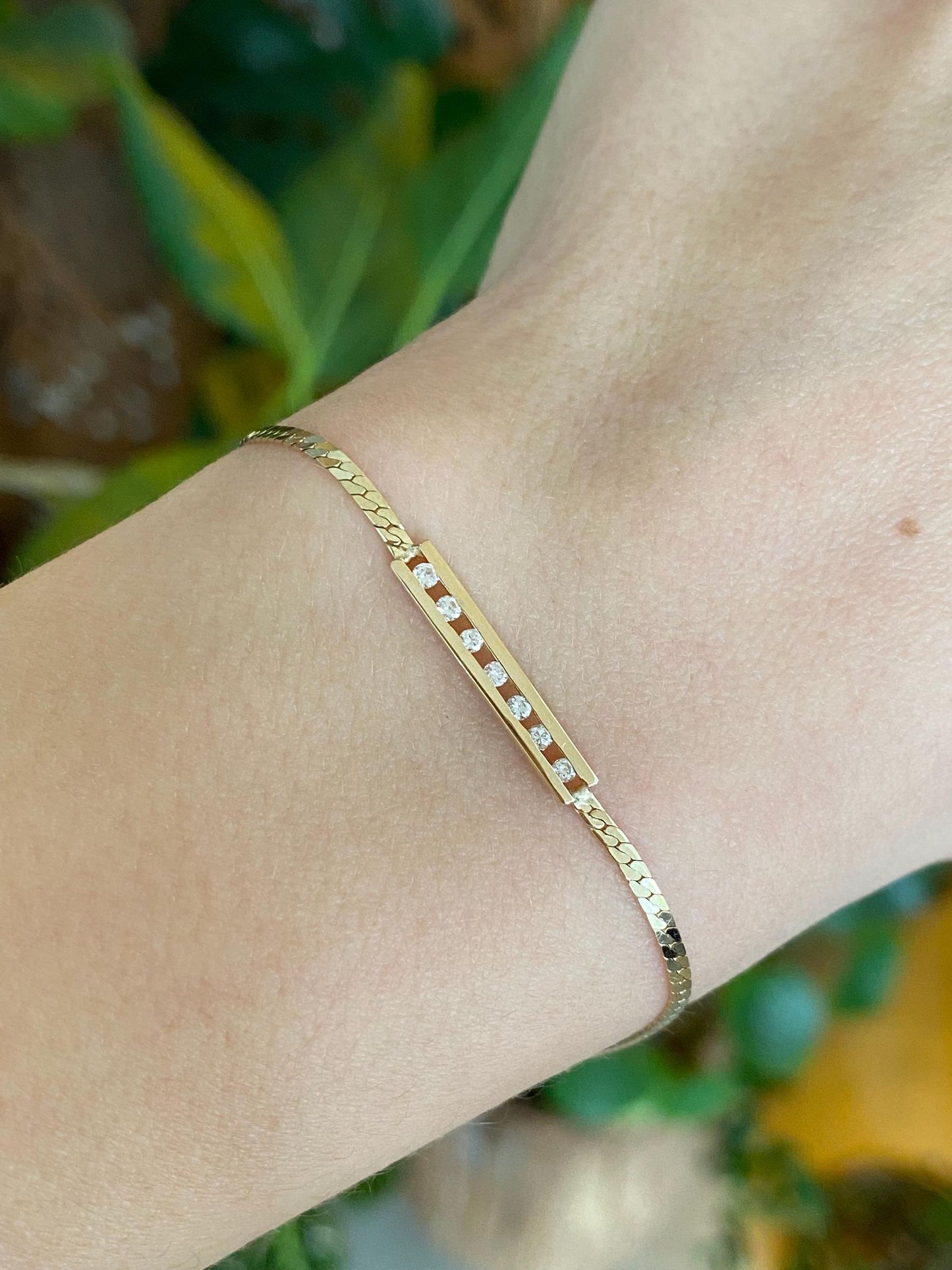 Vintage Solid 14k Yellow Gold Diamond Flat Chain Bracelet - 7 inches
