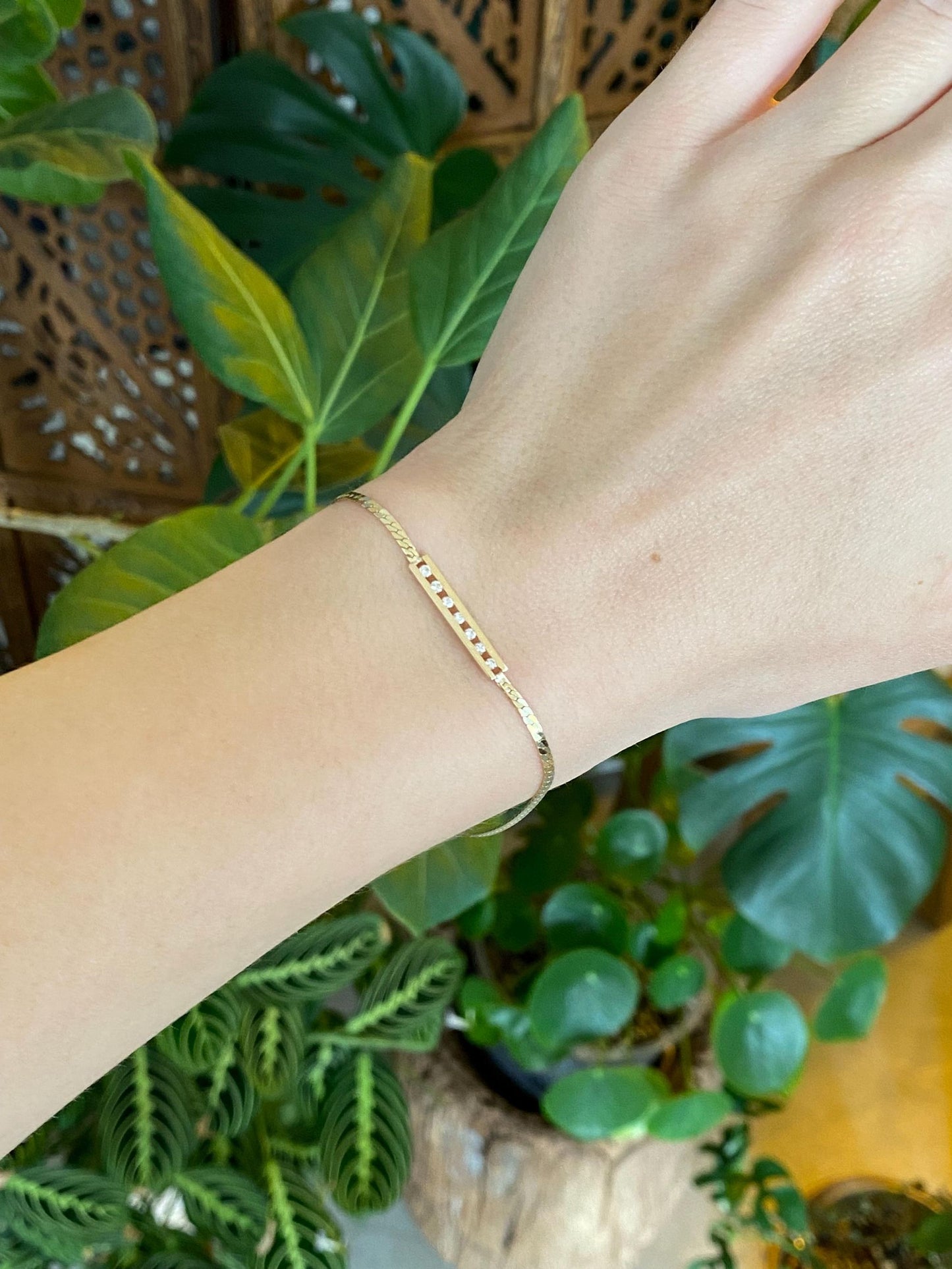 Vintage Solid 14k Yellow Gold Diamond Flat Chain Bracelet - 7 inches