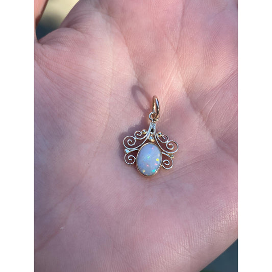 Vintage Solid 14k Yellow Gold Ornate Border Opal Charm