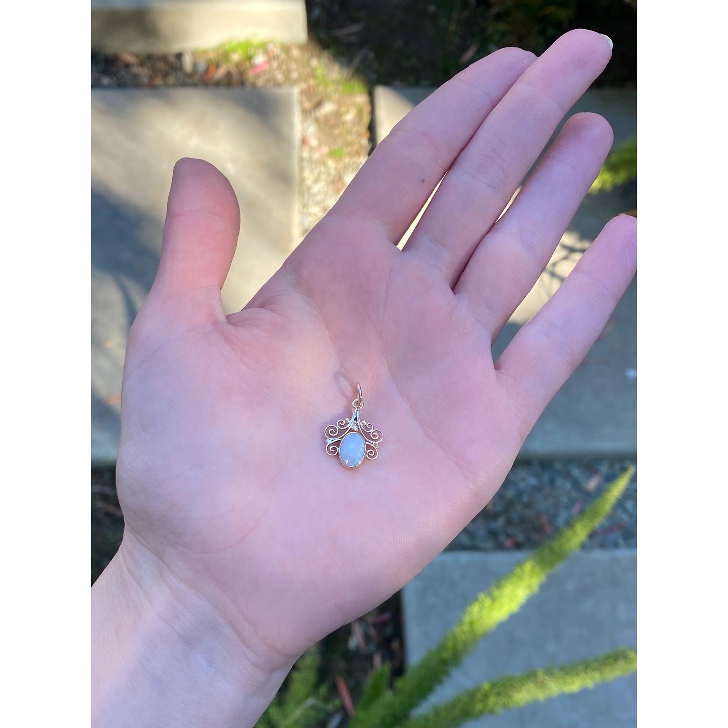 Vintage Solid 14k Yellow Gold Ornate Border Opal Charm