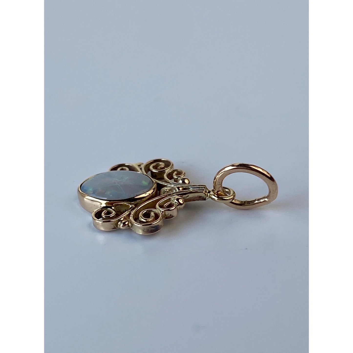 Vintage Solid 14k Yellow Gold Ornate Border Opal Charm