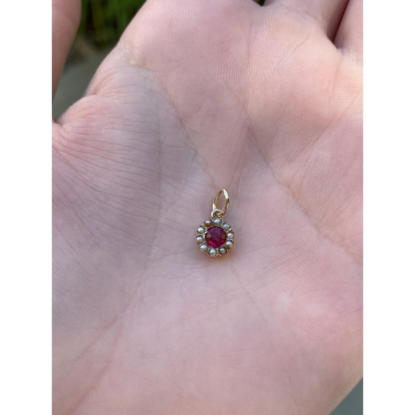 Vintage Solid 10k Yellow Gold Red Cubic Zirconia Seed Pearl Halo Stick Pin Conversion Charm