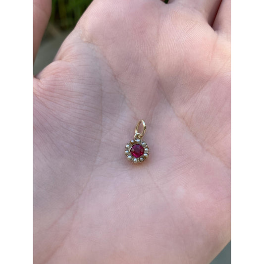 Vintage Solid 10k Yellow Gold Red Cubic Zirconia Seed Pearl Halo Stick Pin Conversion Charm