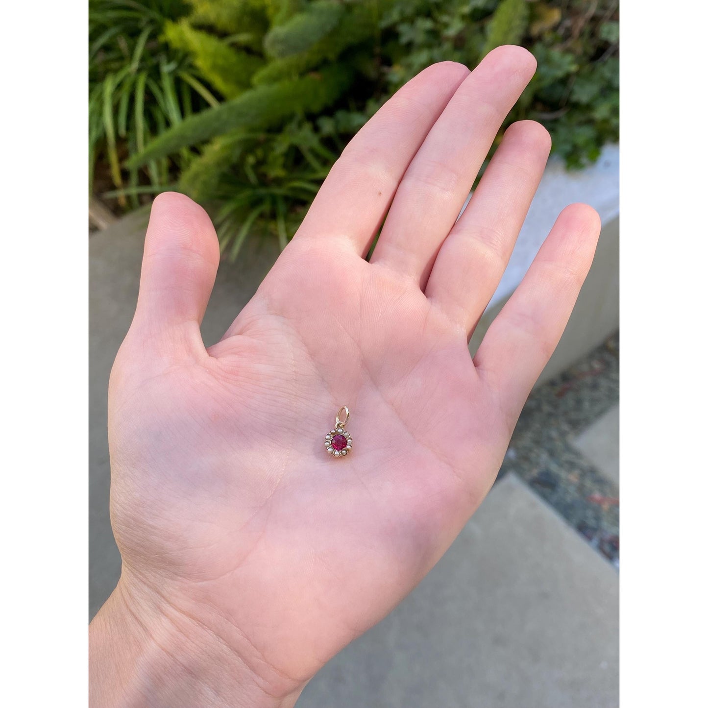 Vintage Solid 10k Yellow Gold Red Cubic Zirconia Seed Pearl Halo Stick Pin Conversion Charm