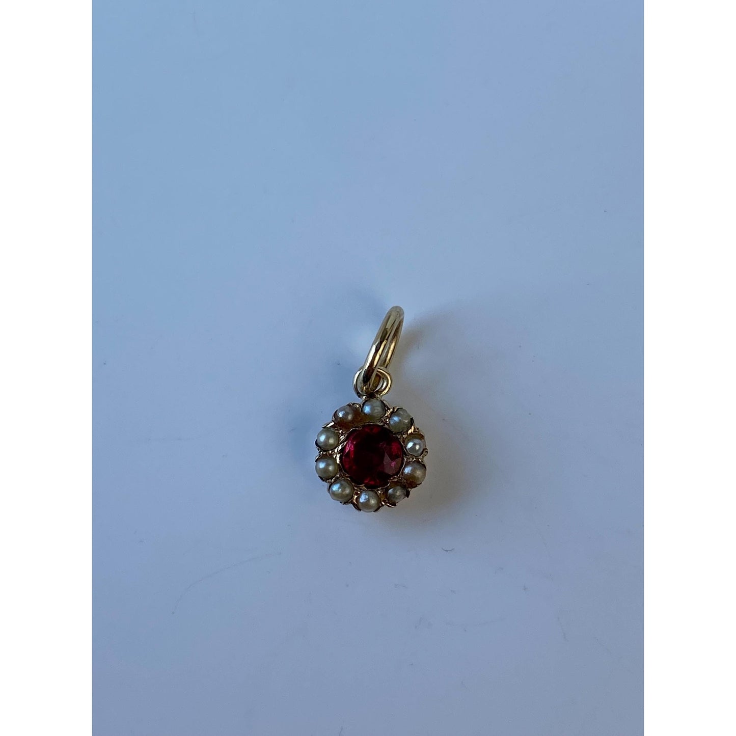 Vintage Solid 10k Yellow Gold Red Cubic Zirconia Seed Pearl Halo Stick Pin Conversion Charm