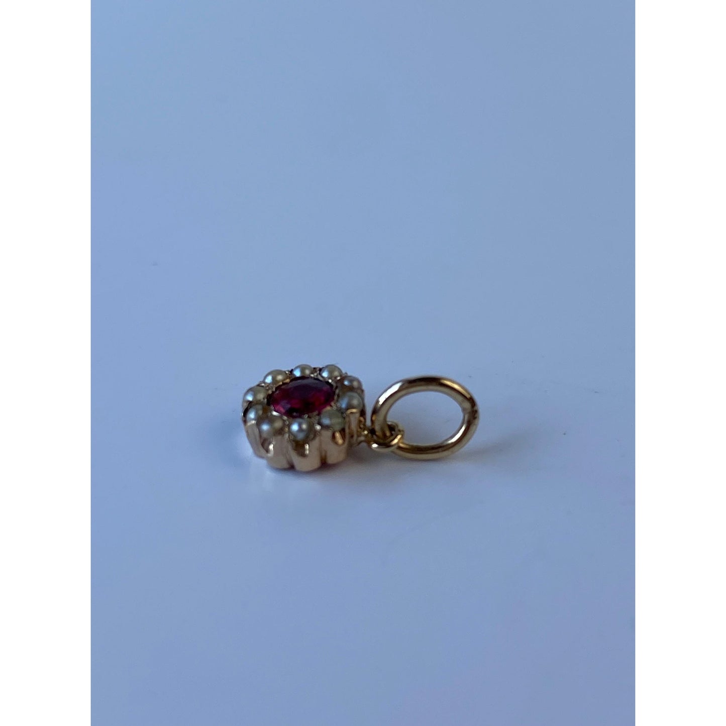 Vintage Solid 10k Yellow Gold Red Cubic Zirconia Seed Pearl Halo Stick Pin Conversion Charm