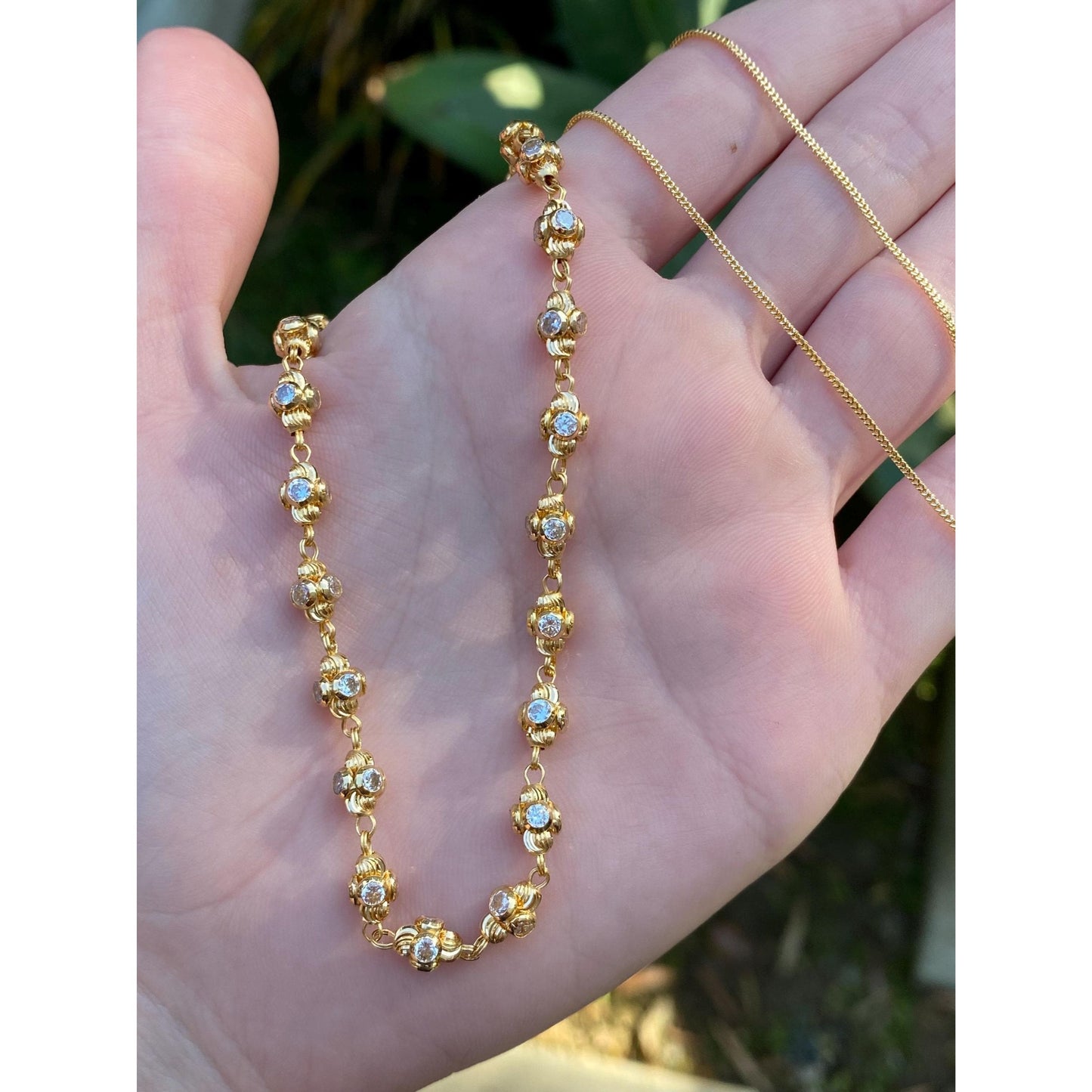 Vintage Solid 18k Yellow Gold Cubic Zirconia Bead Tight Curb Chain Necklace - 18.5 inches