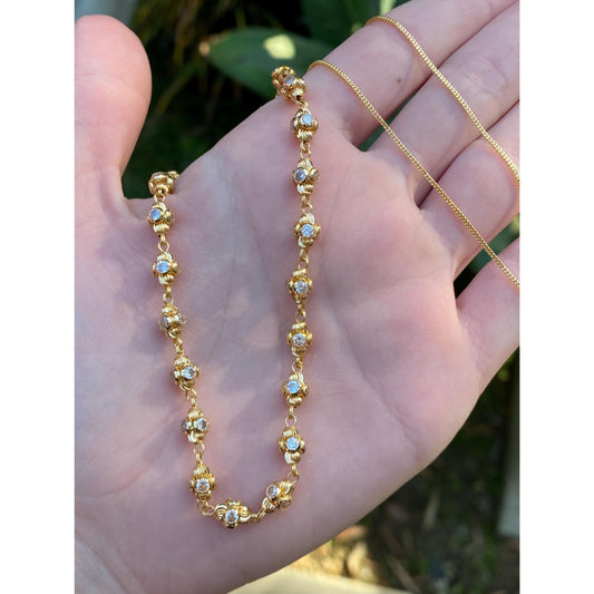 Vintage Solid 18k Yellow Gold Cubic Zirconia Bead Tight Curb Chain Necklace - 18.5 inches