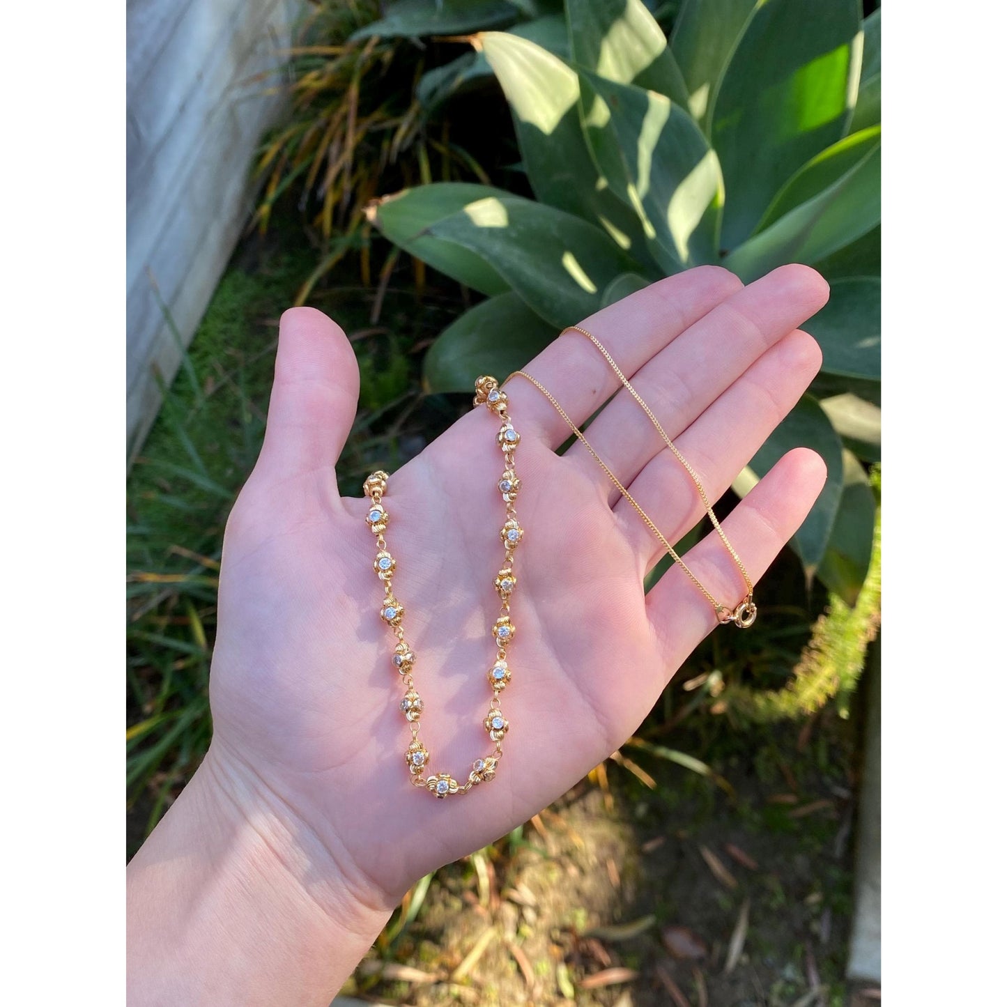 Vintage Solid 18k Yellow Gold Cubic Zirconia Bead Tight Curb Chain Necklace - 18.5 inches