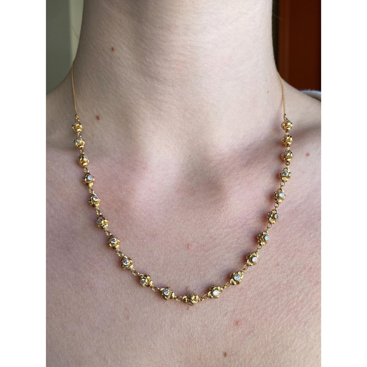 Vintage Solid 18k Yellow Gold Cubic Zirconia Bead Tight Curb Chain Necklace - 18.5 inches