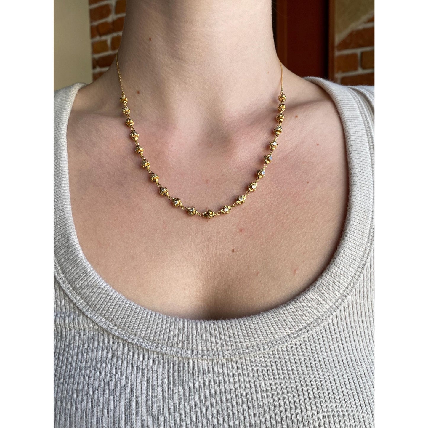Vintage Solid 18k Yellow Gold Cubic Zirconia Bead Tight Curb Chain Necklace - 18.5 inches