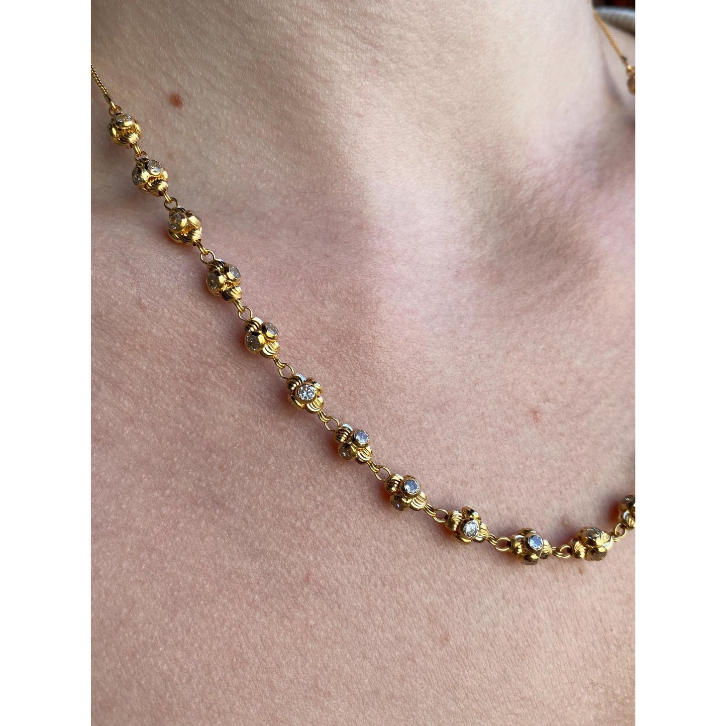 Vintage Solid 18k Yellow Gold Cubic Zirconia Bead Tight Curb Chain Necklace - 18.5 inches