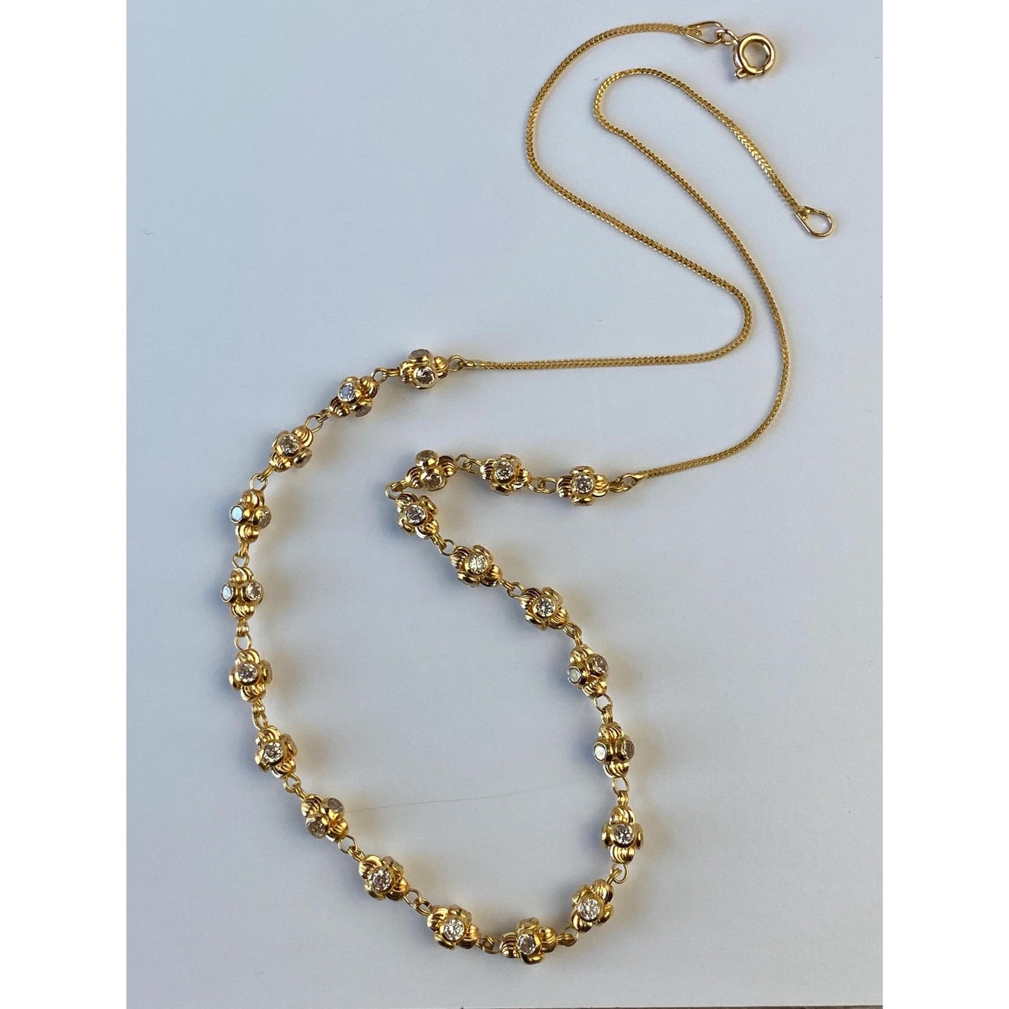 Vintage Solid 18k Yellow Gold Cubic Zirconia Bead Tight Curb Chain Necklace - 18.5 inches