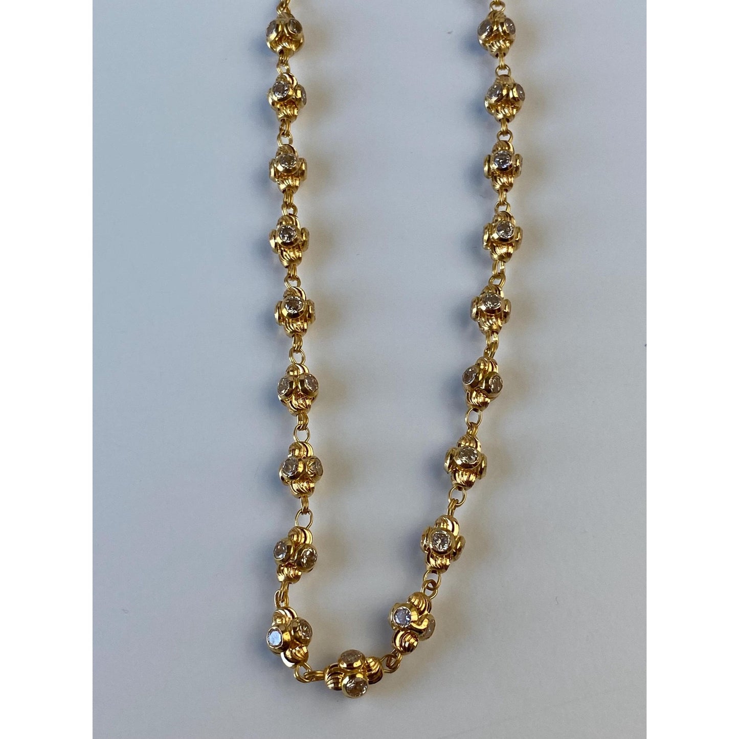 Vintage Solid 18k Yellow Gold Cubic Zirconia Bead Tight Curb Chain Necklace - 18.5 inches