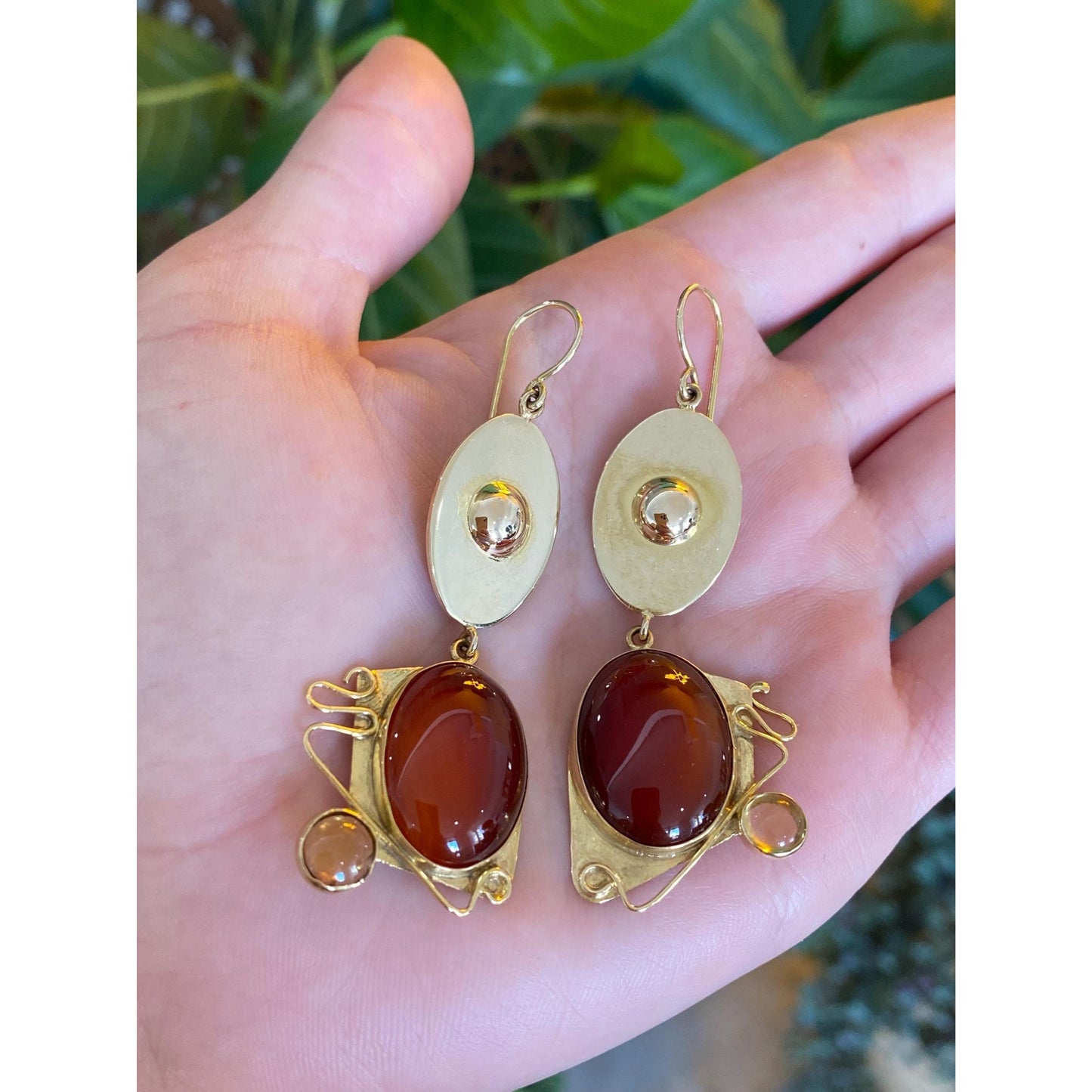 Vintage Solid 14k Yellow Gold Carnelian Citrine Dangle Earrings
