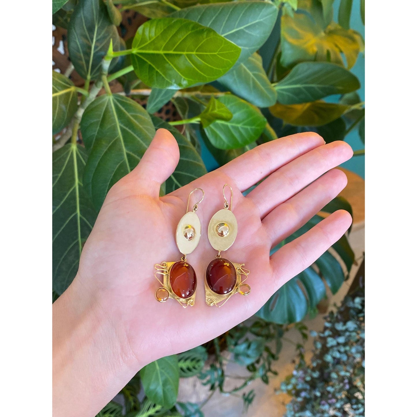 Vintage Solid 14k Yellow Gold Carnelian Citrine Dangle Earrings