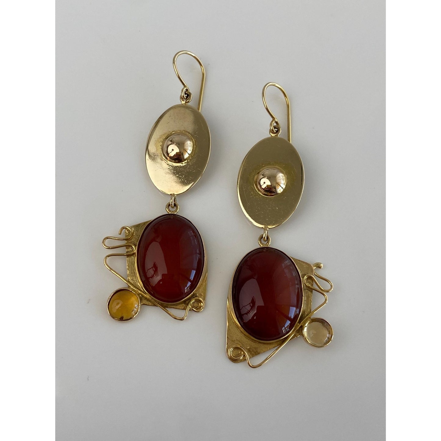 Vintage Solid 14k Yellow Gold Carnelian Citrine Dangle Earrings
