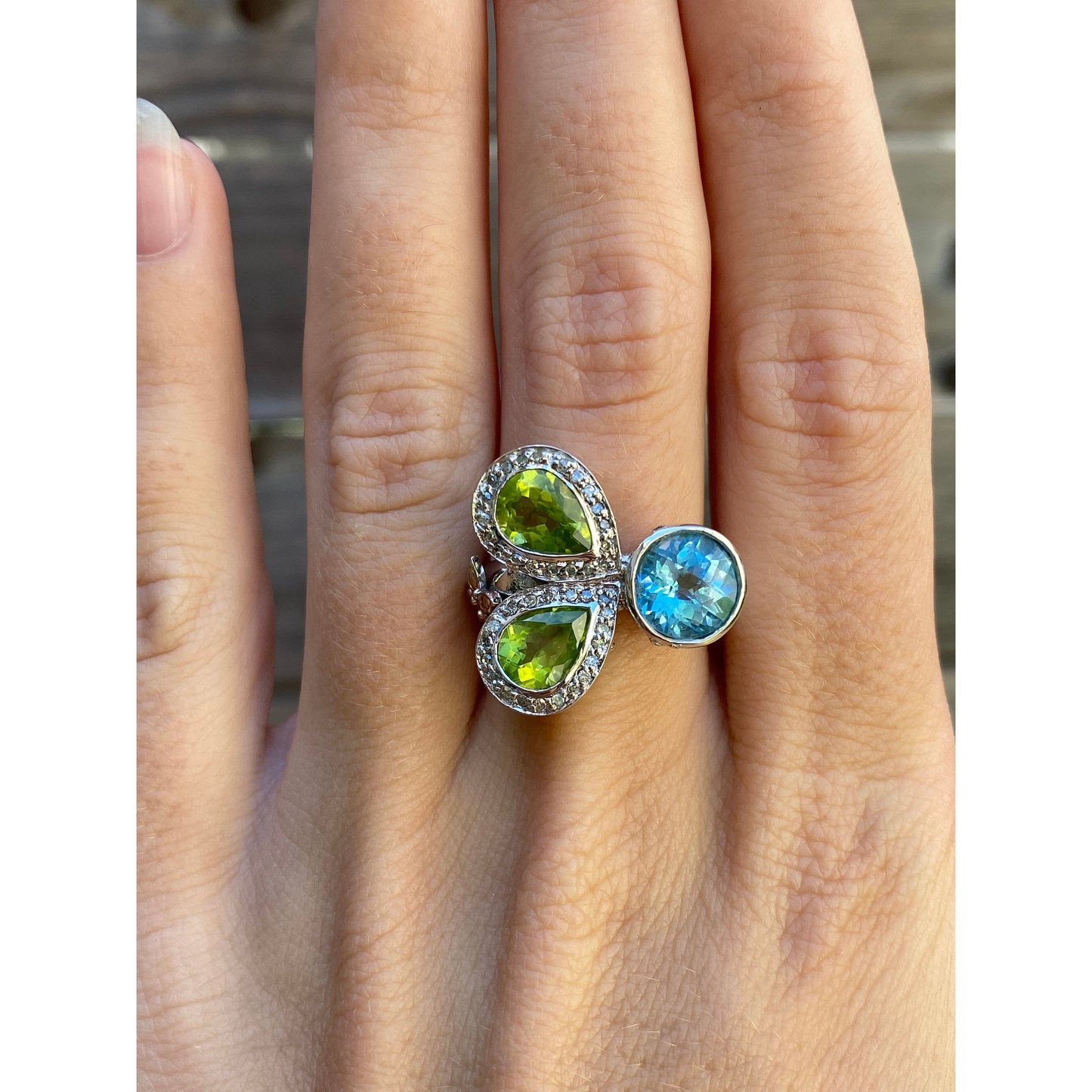Vintage Solid 14k White Gold Topaz Peridot Clear Sapphire Ring - Size 6.5