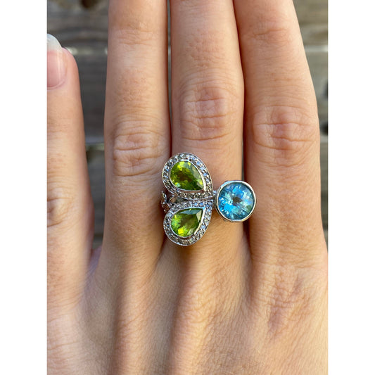 Vintage Solid 14k White Gold Topaz Peridot Clear Sapphire Ring - Size 6.5