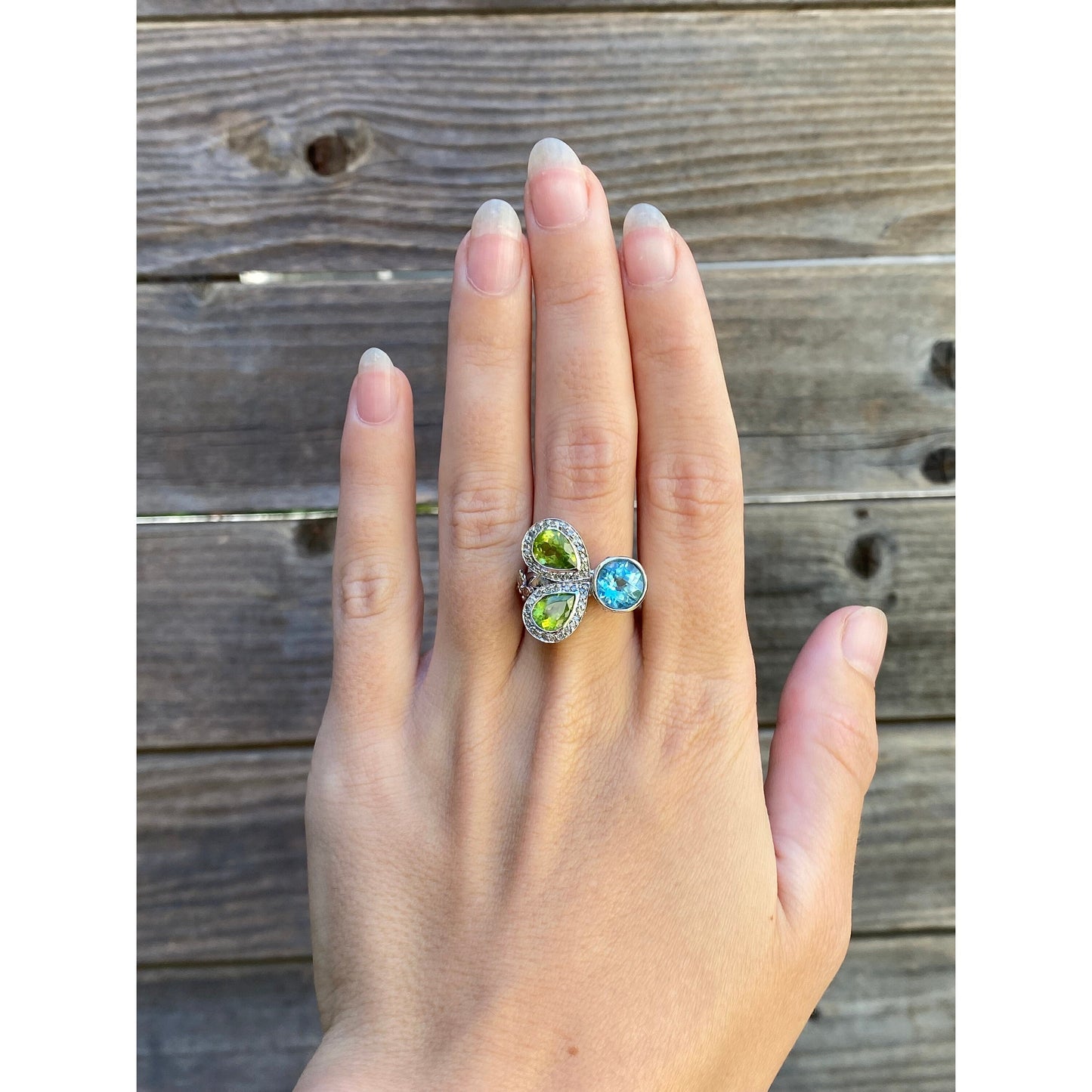 Vintage Solid 14k White Gold Topaz Peridot Clear Sapphire Ring - Size 6.5