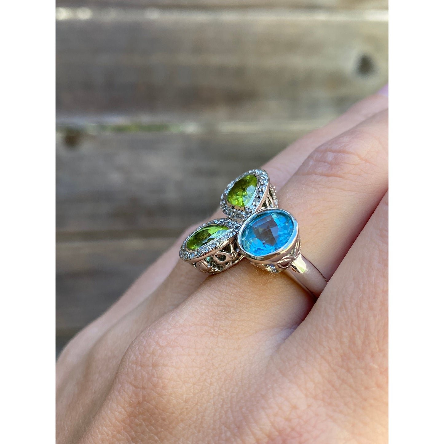 Vintage Solid 14k White Gold Topaz Peridot Clear Sapphire Ring - Size 6.5