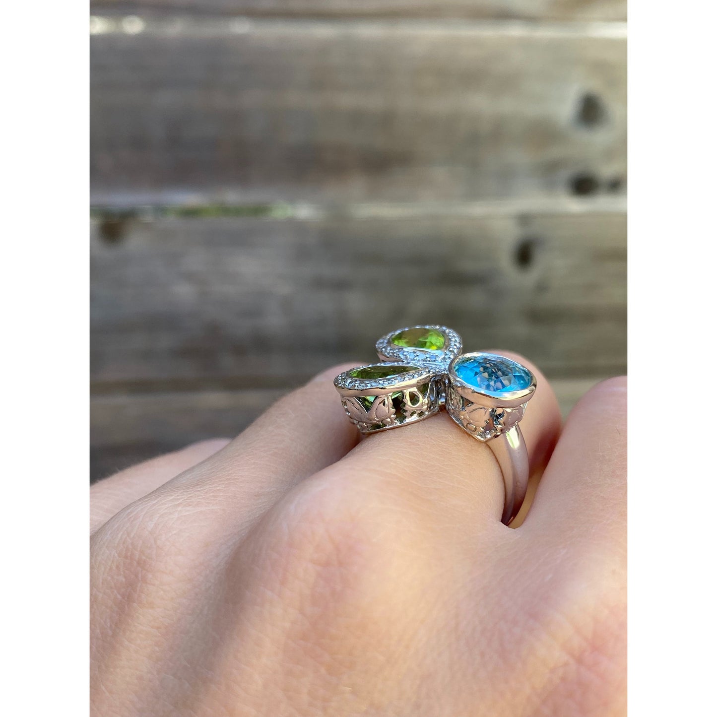 Vintage Solid 14k White Gold Topaz Peridot Clear Sapphire Ring - Size 6.5