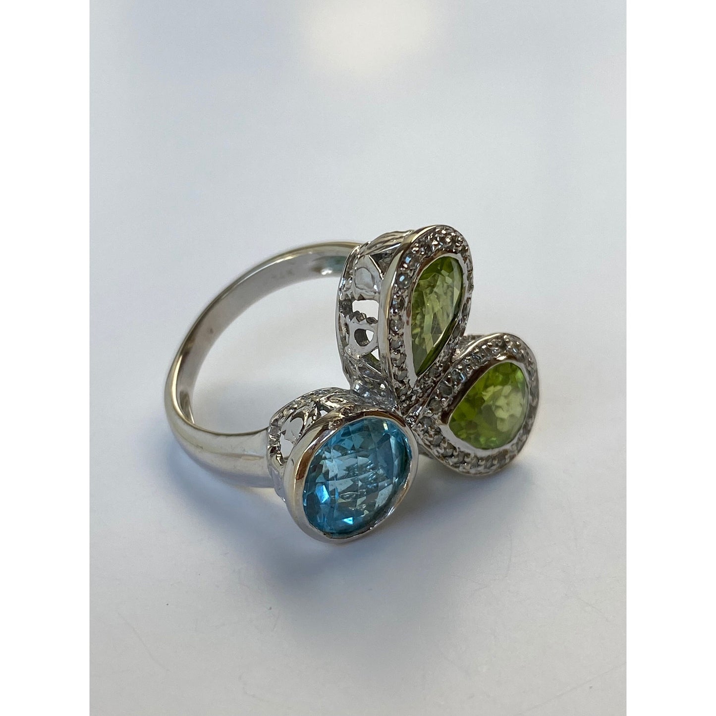 Vintage Solid 14k White Gold Topaz Peridot Clear Sapphire Ring - Size 6.5