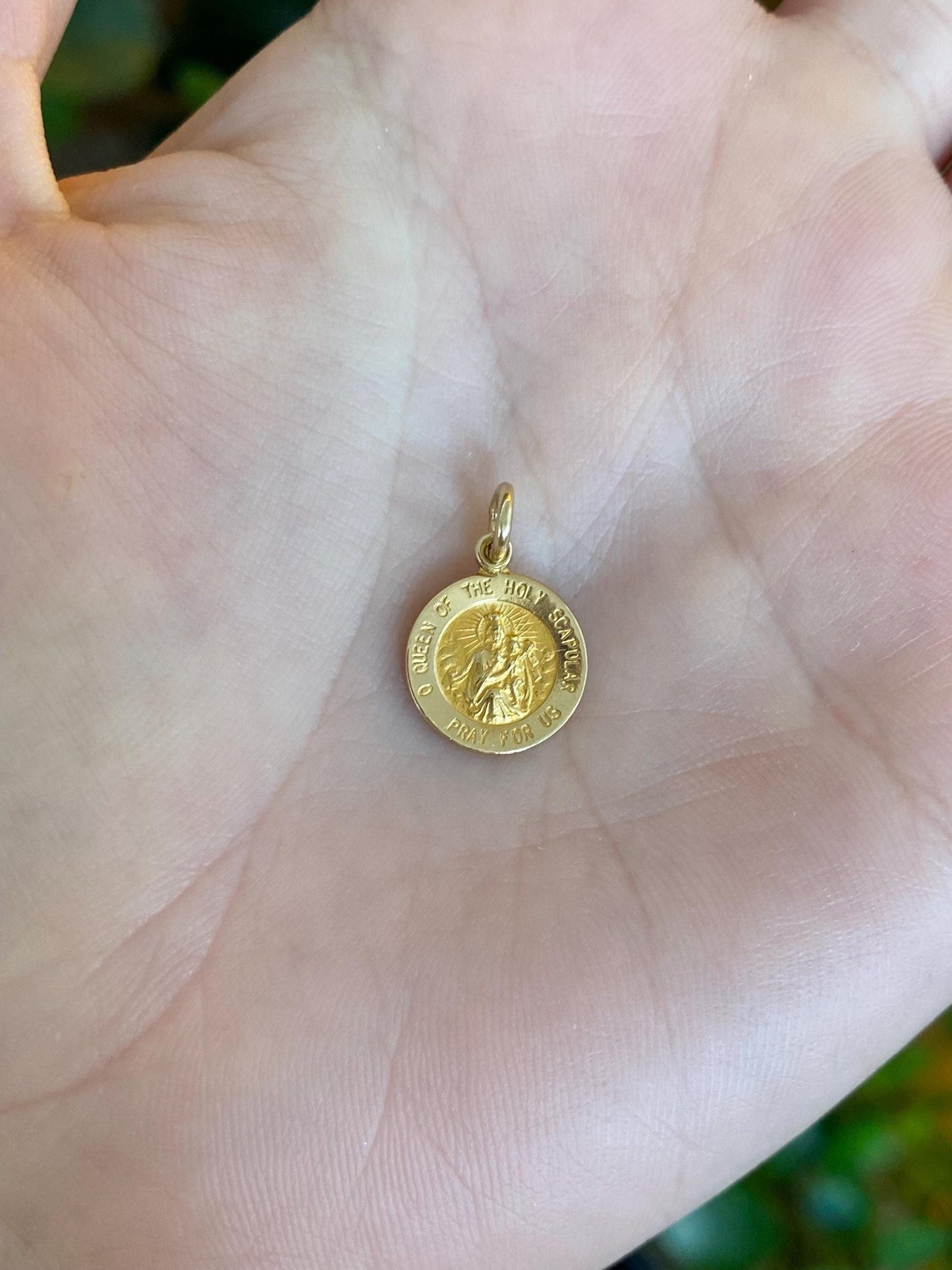 Vintage Solid 14k Yellow Gold Queen of The Holy Scapular 'Protect Us' Religious Charm