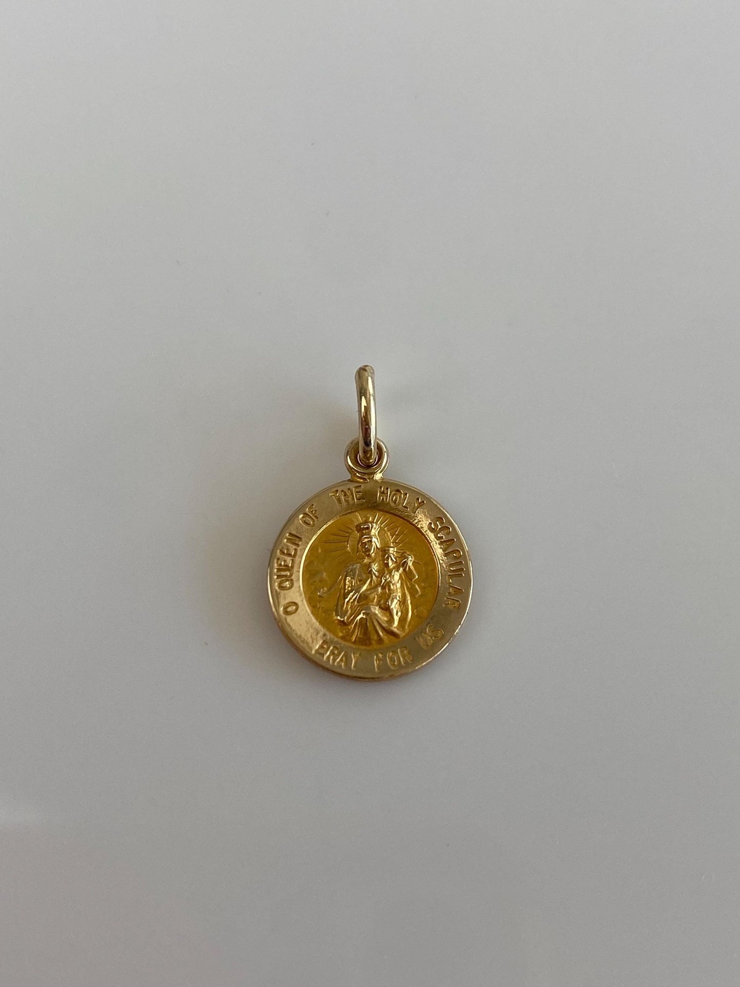 Vintage Solid 14k Yellow Gold Queen of The Holy Scapular 'Protect Us' Religious Charm