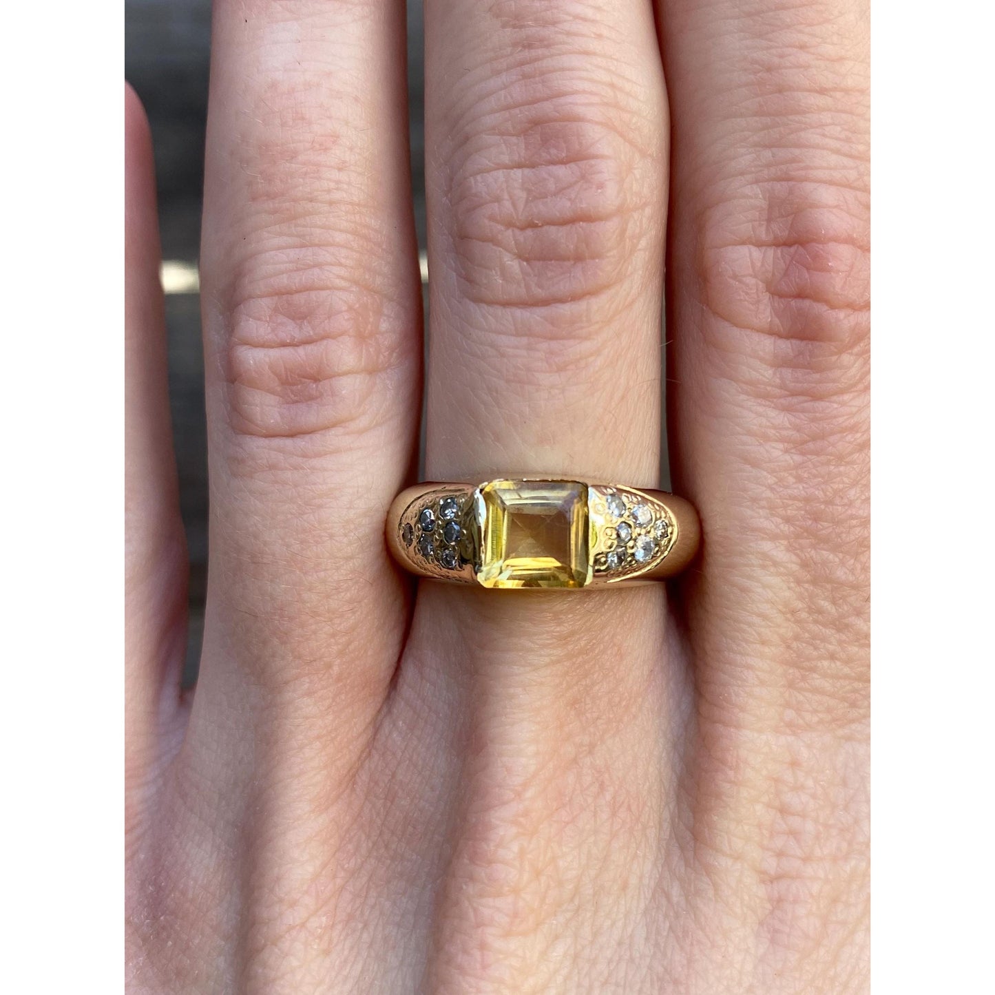 Vintage Solid 14k Yellow Gold Diamond Citrine Ring - Size 7.5