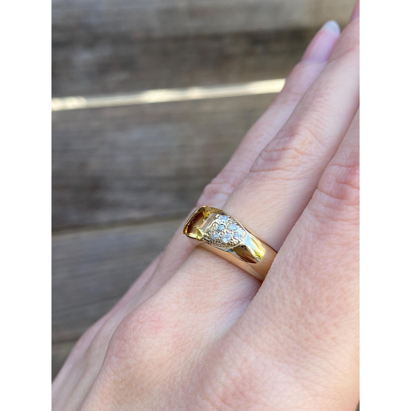 Vintage Solid 14k Yellow Gold Diamond Citrine Ring - Size 7.5