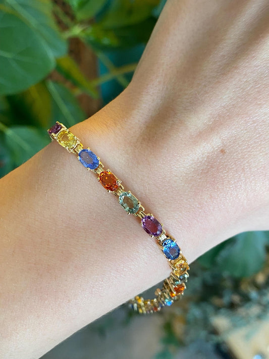 Vintage Solid 14k Yellow Gold Colored Sapphire Link Bracelet - 8.25 inches