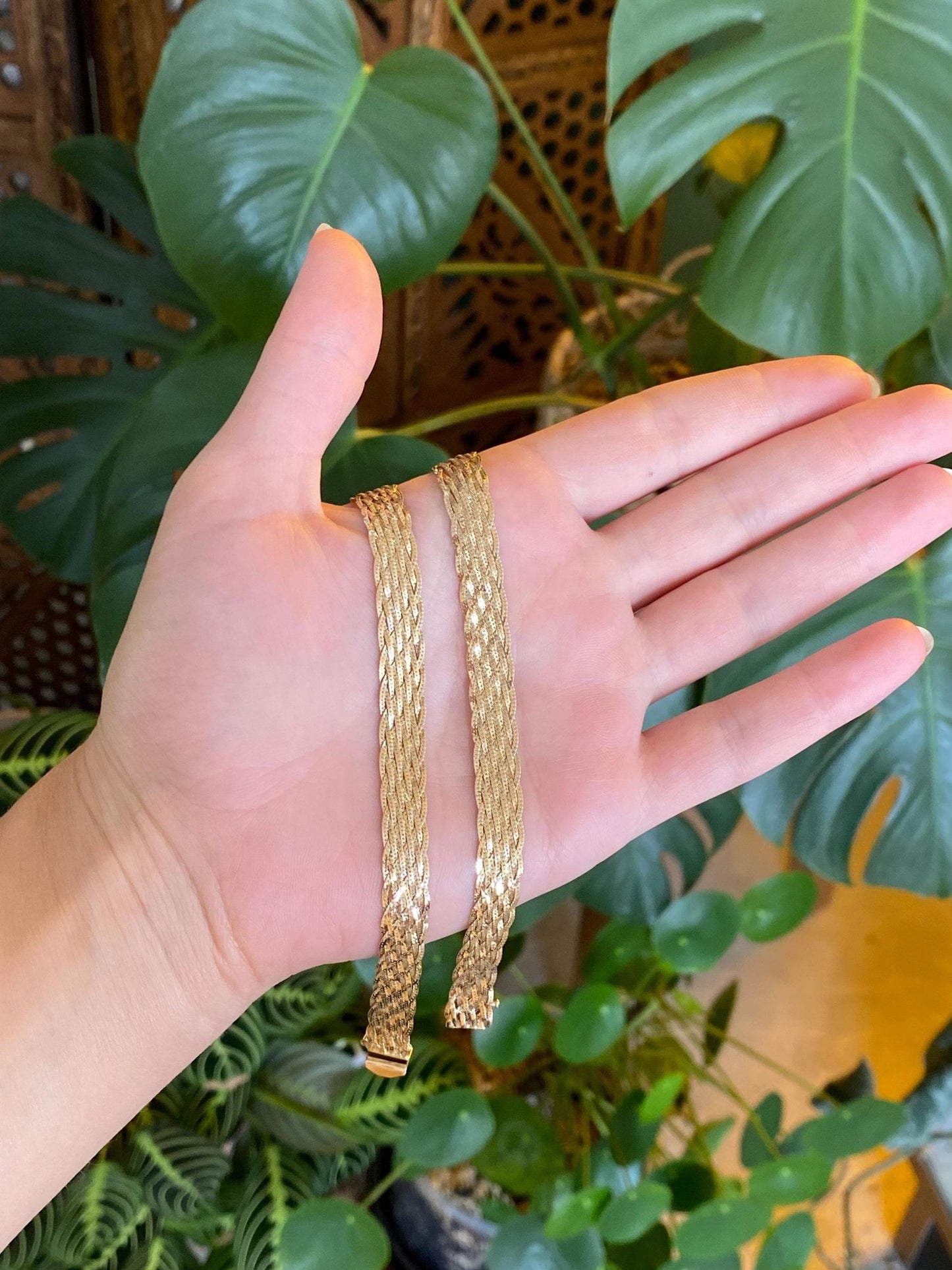 Vintage Solid 14k Yellow Gold Woven Flat Chain Necklace - 16 inches