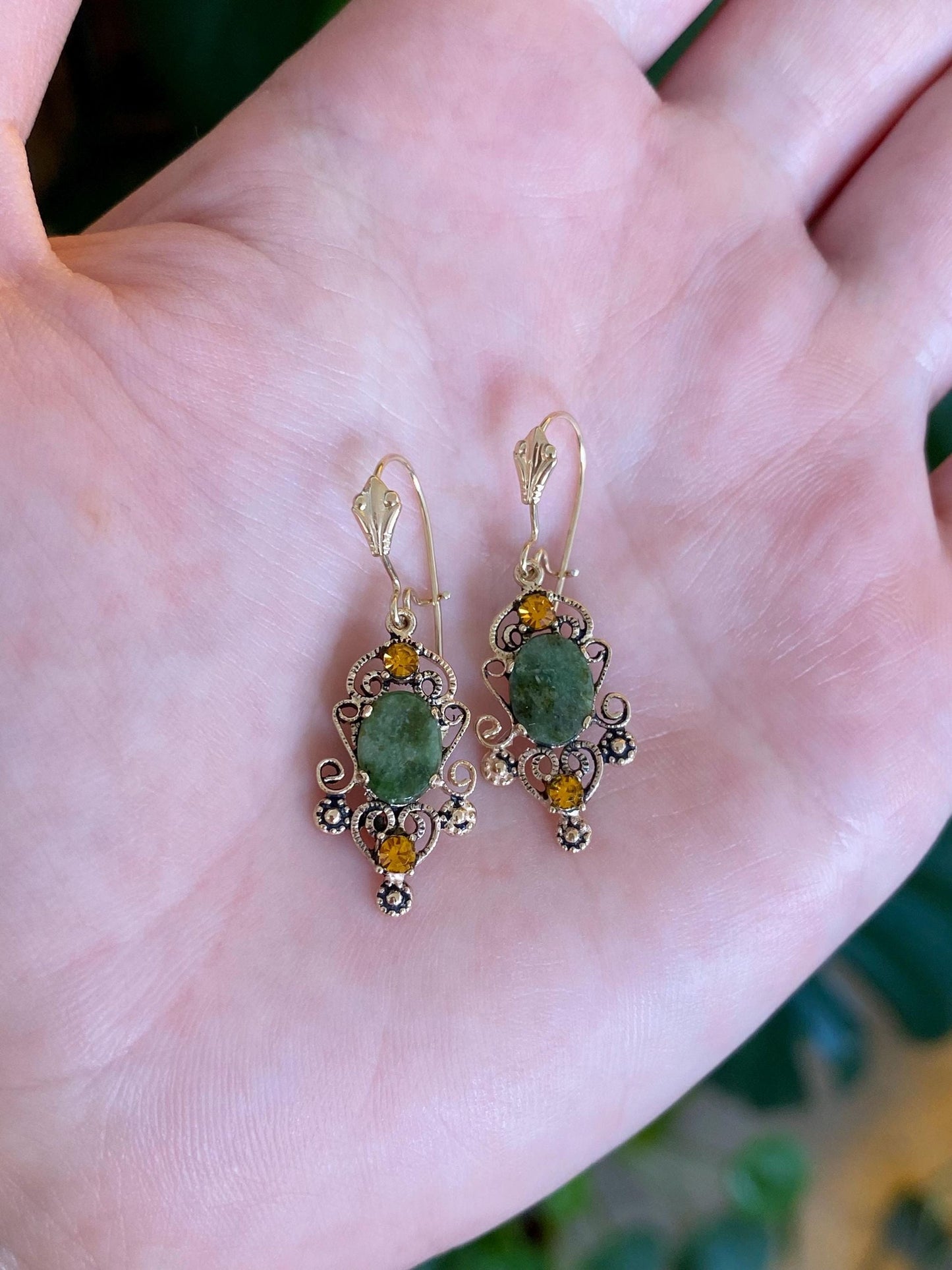Vintage Solid 14k Yellow Gold Nephrite Orange Cubic Zirconia Dangle Earrings