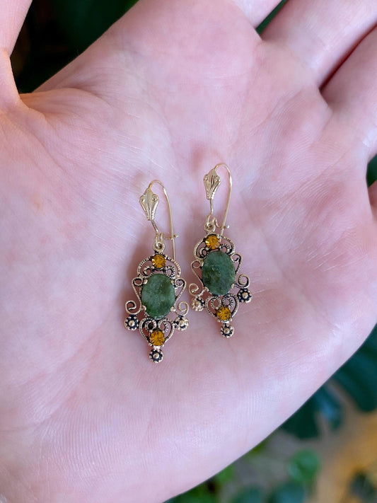 Vintage Solid 14k Yellow Gold Nephrite Orange Cubic Zirconia Dangle Earrings