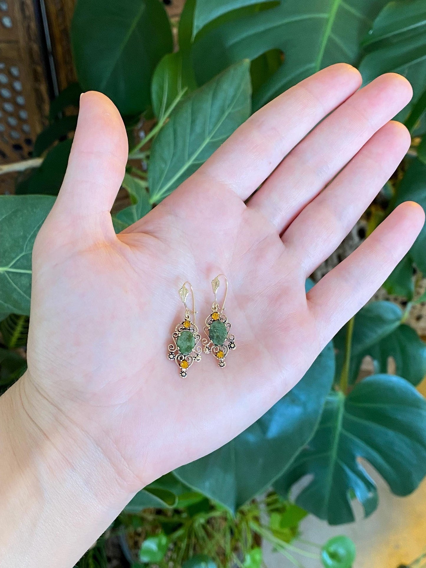 Vintage Solid 14k Yellow Gold Nephrite Orange Cubic Zirconia Dangle Earrings