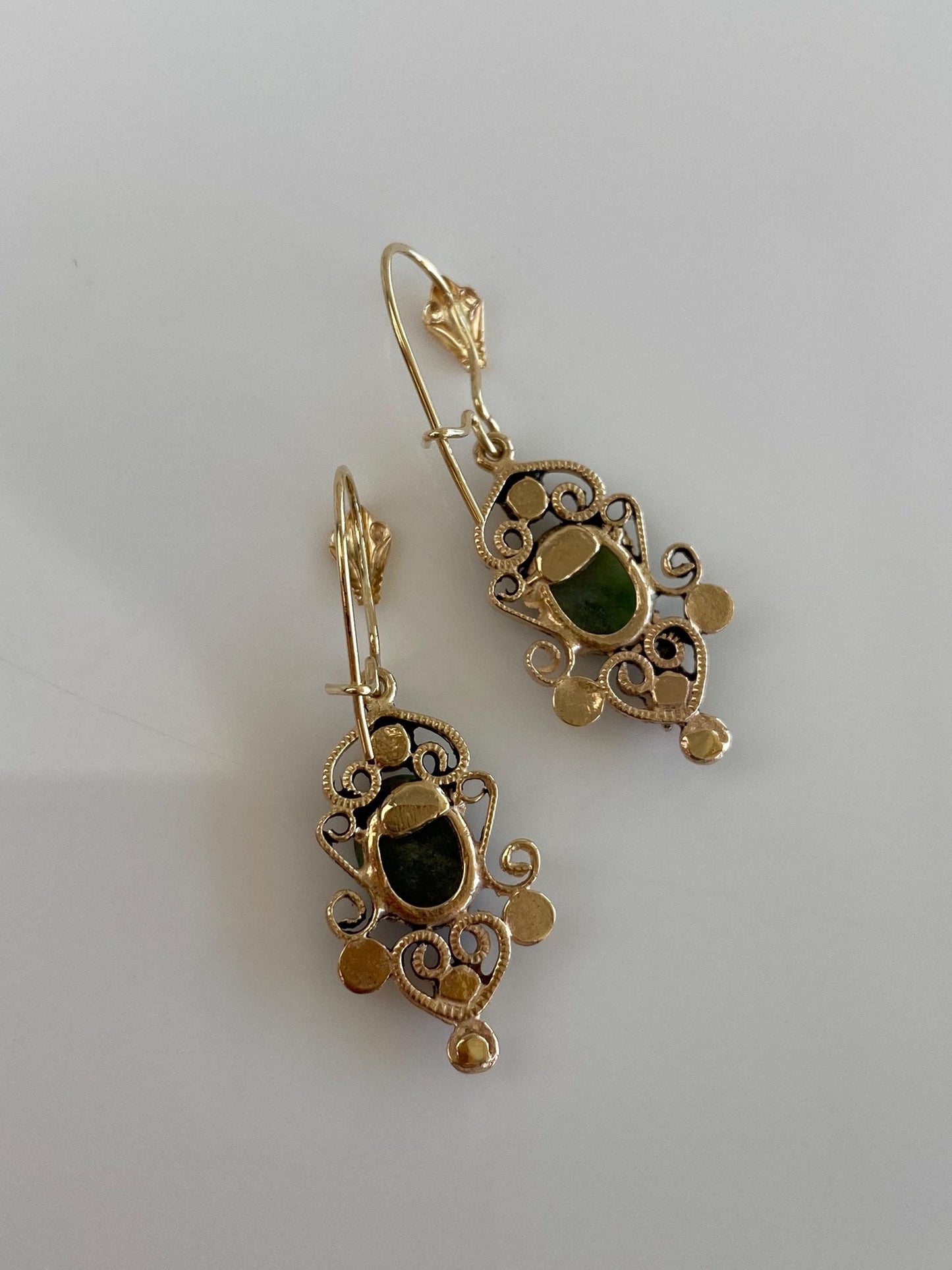 Vintage Solid 14k Yellow Gold Nephrite Orange Cubic Zirconia Dangle Earrings