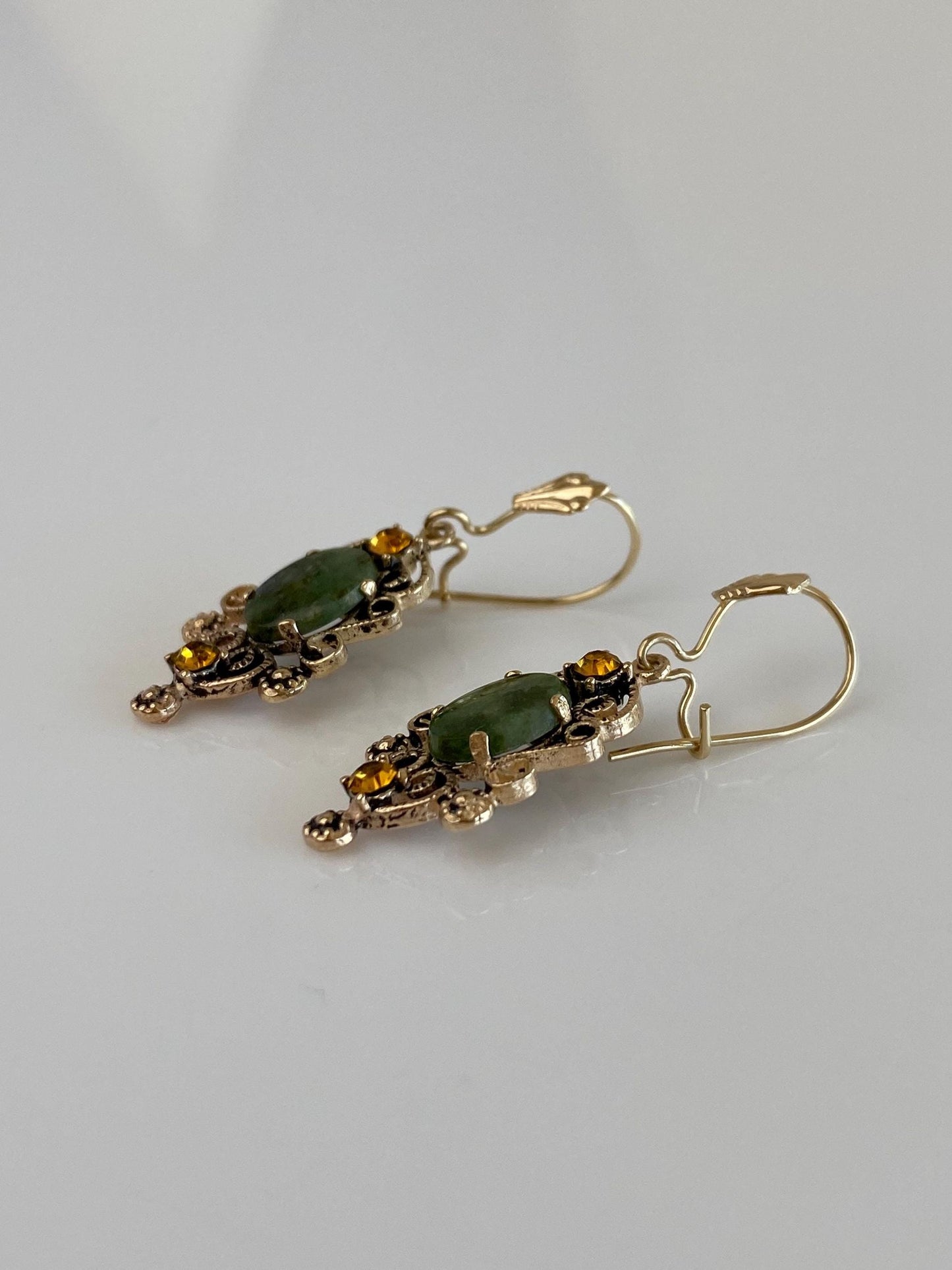 Vintage Solid 14k Yellow Gold Nephrite Orange Cubic Zirconia Dangle Earrings