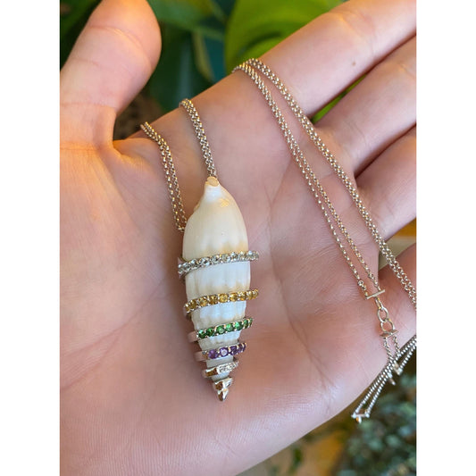 Solid 18k White Gold Aquamarine Clear Sapphire Green Tourmaline Amethyst Citrine Shell Rolo Chain Necklace - 17.75 inches