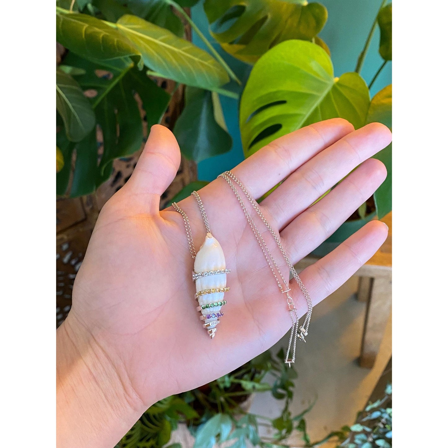 Solid 18k White Gold Aquamarine Clear Sapphire Green Tourmaline Amethyst Citrine Shell Rolo Chain Necklace - 17.75 inches