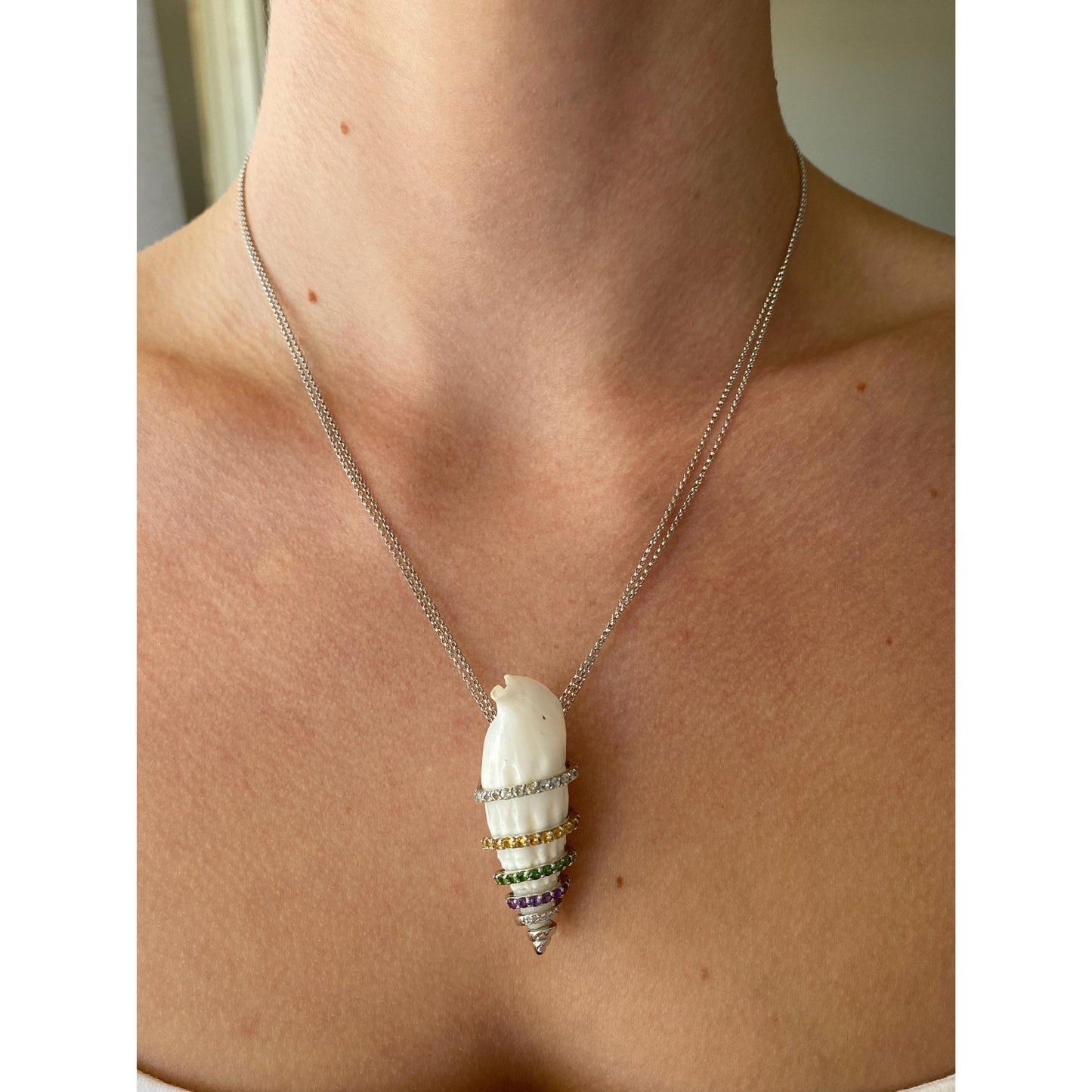 Solid 18k White Gold Aquamarine Clear Sapphire Green Tourmaline Amethyst Citrine Shell Rolo Chain Necklace - 17.75 inches