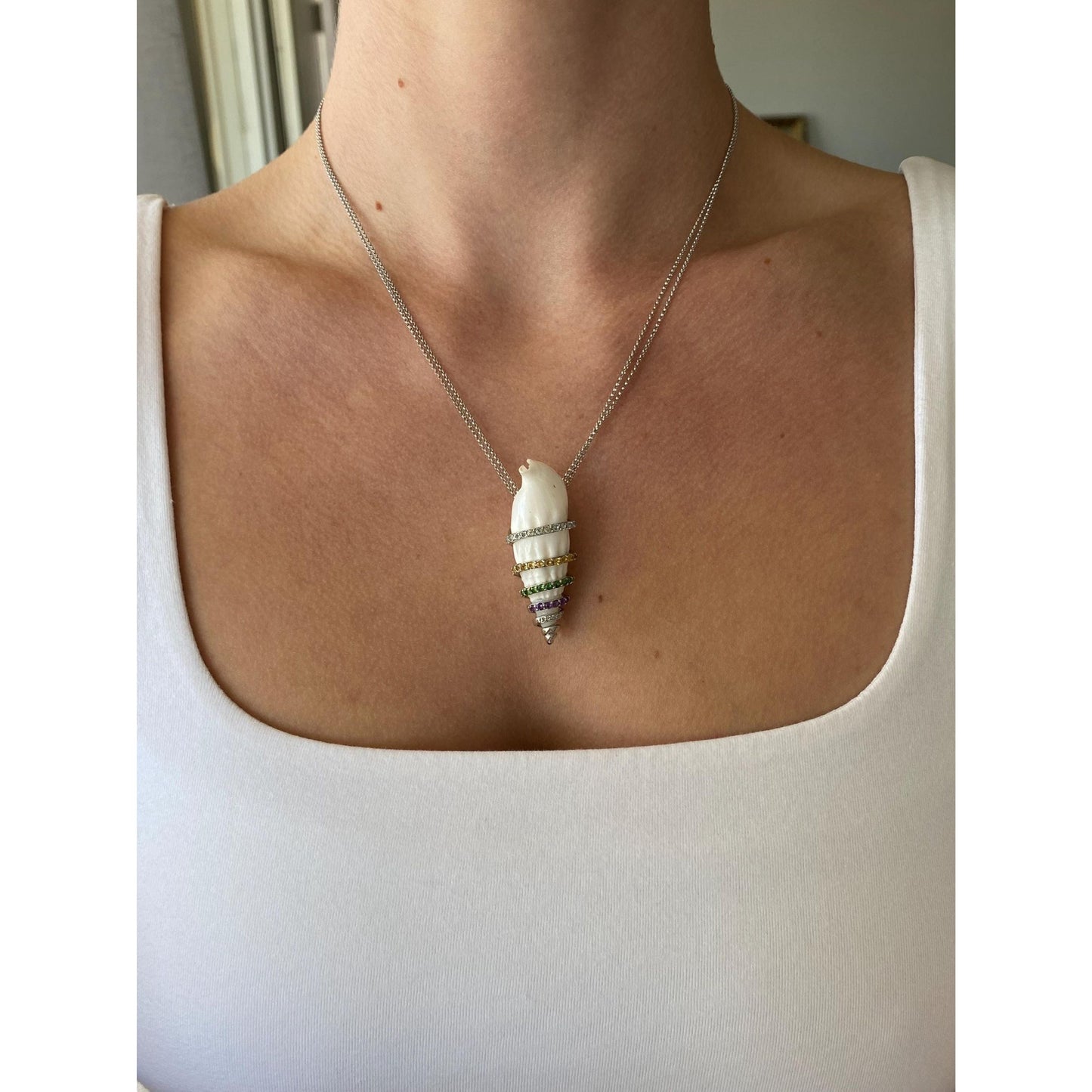 Solid 18k White Gold Aquamarine Clear Sapphire Green Tourmaline Amethyst Citrine Shell Rolo Chain Necklace - 17.75 inches