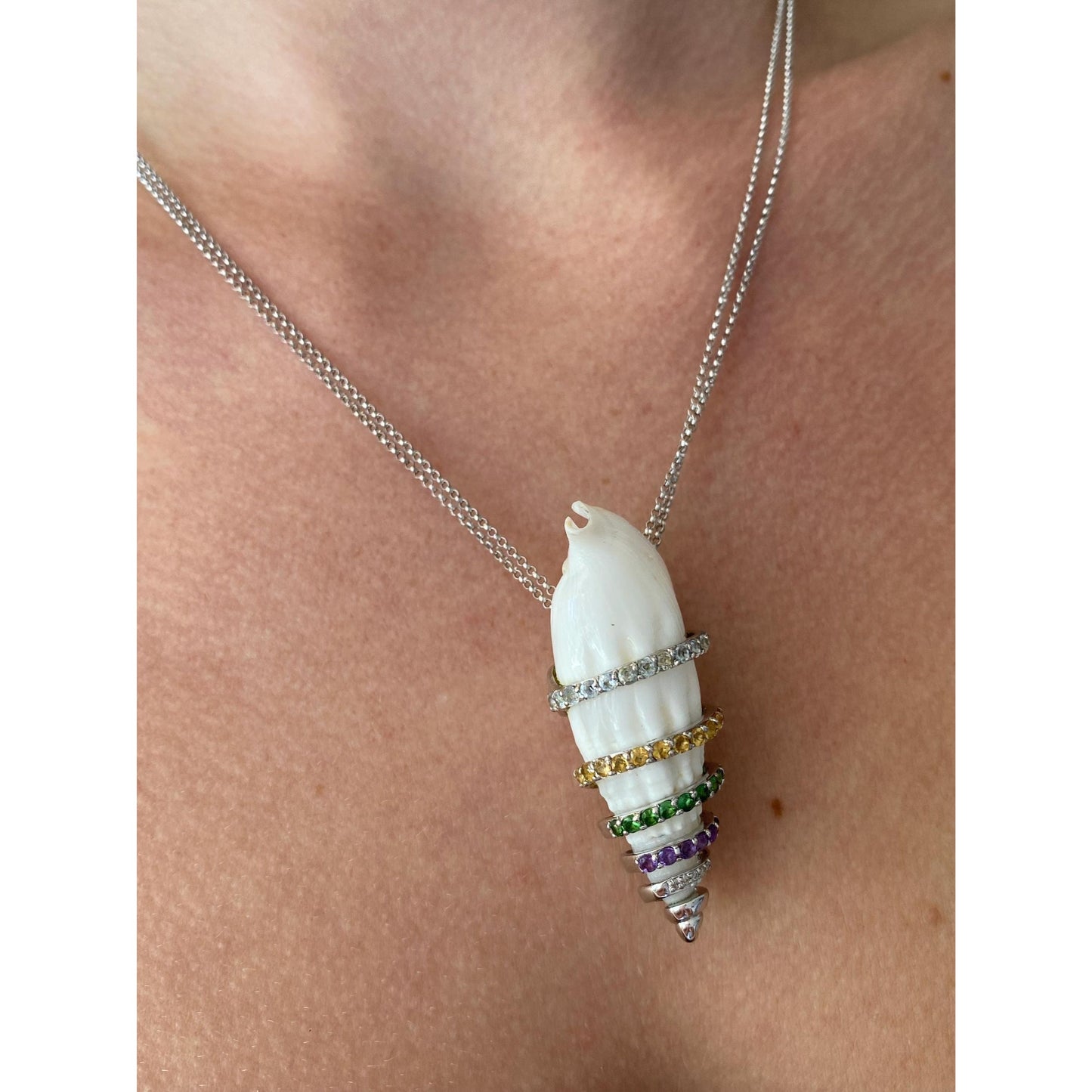 Solid 18k White Gold Aquamarine Clear Sapphire Green Tourmaline Amethyst Citrine Shell Rolo Chain Necklace - 17.75 inches