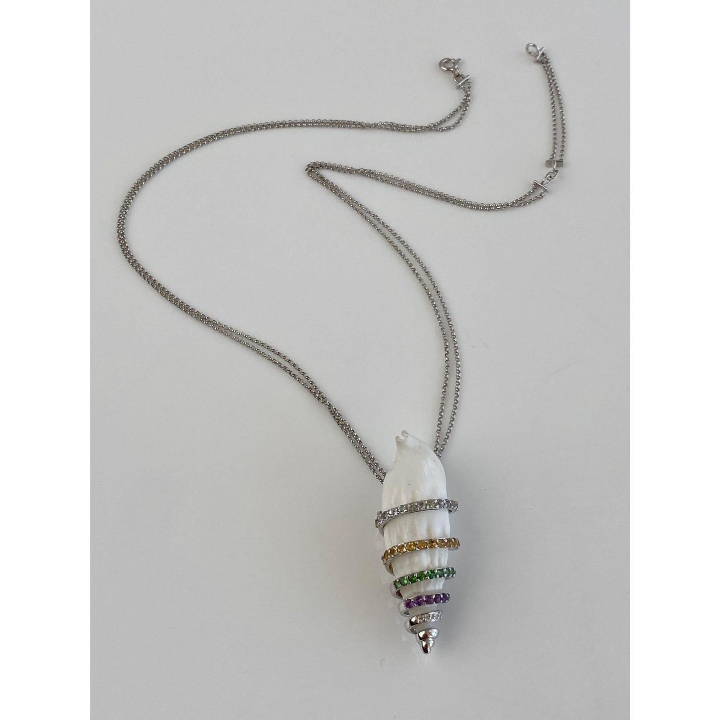 Solid 18k White Gold Aquamarine Clear Sapphire Green Tourmaline Amethyst Citrine Shell Rolo Chain Necklace - 17.75 inches