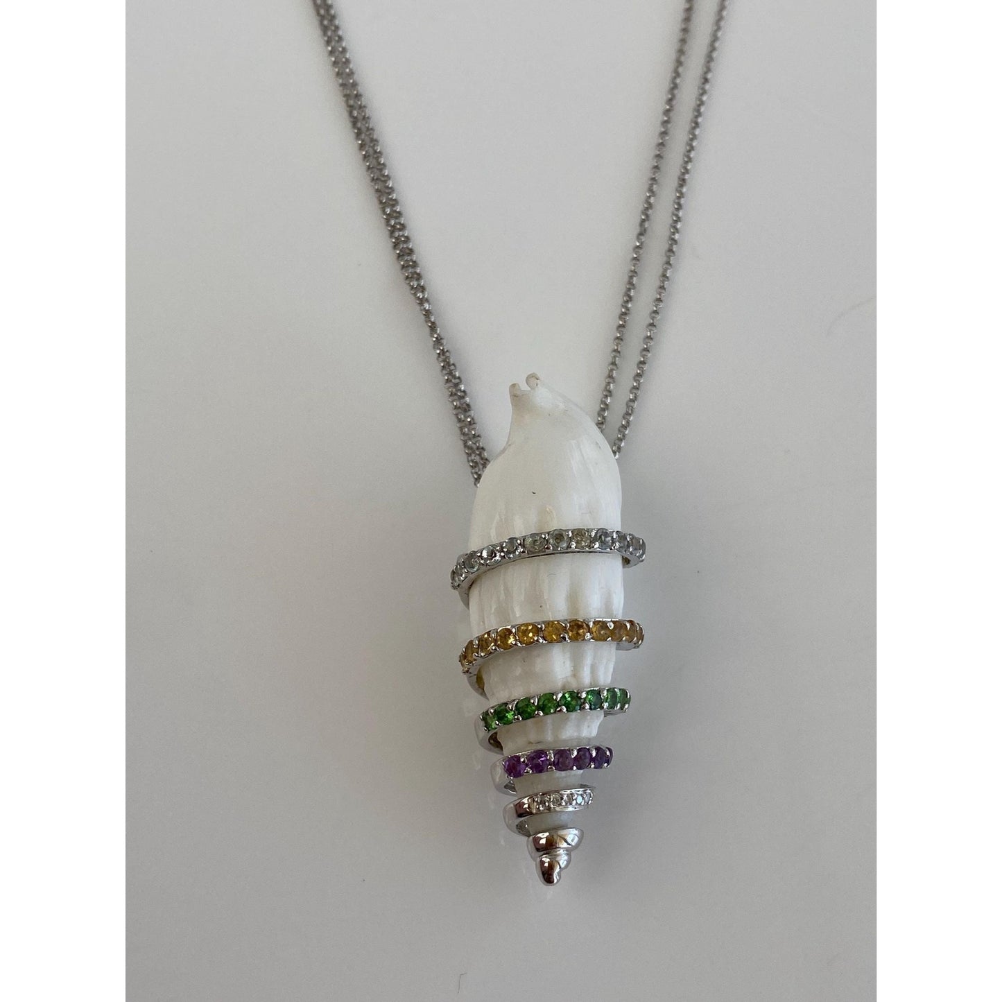 Solid 18k White Gold Aquamarine Clear Sapphire Green Tourmaline Amethyst Citrine Shell Rolo Chain Necklace - 17.75 inches